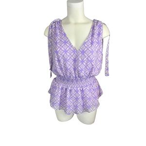 ECLAIR Peplum Sleeveless Lavender Print Top Fully Lined Elasticized Waist NWT